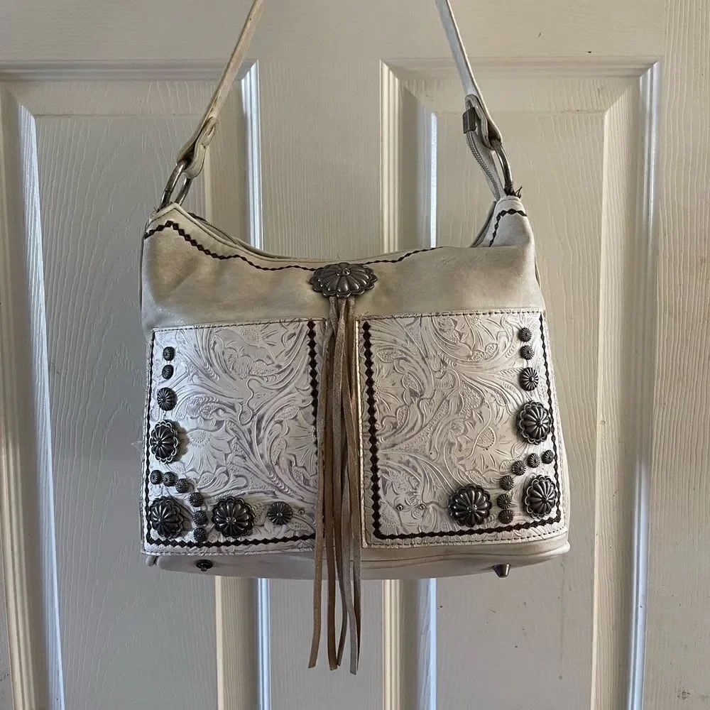 Montana West beige soft leather shoulder bag with brown trim conchos acc…